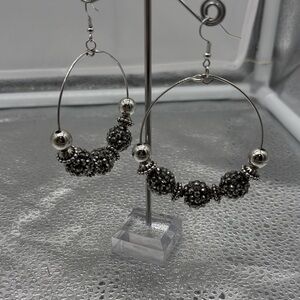 Elegant Silver and Black Beaded Hoop Earrings